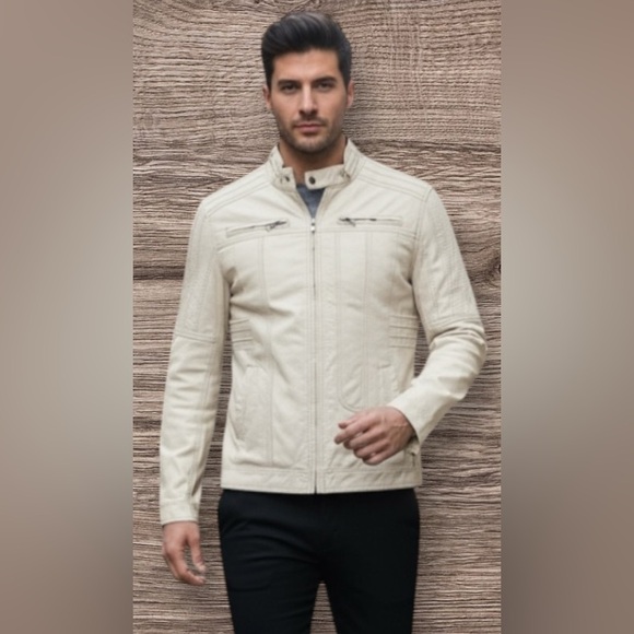 BKE Men’s Cream White Faux Leather Moto Jacket Size XL - Picture 2 of 11